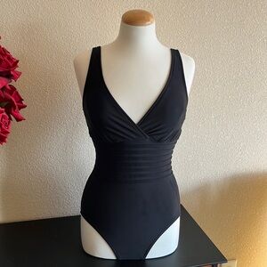 Black V-neck One-Piece Swimwear With Striped Detail on Waist.Brand Aqua Green